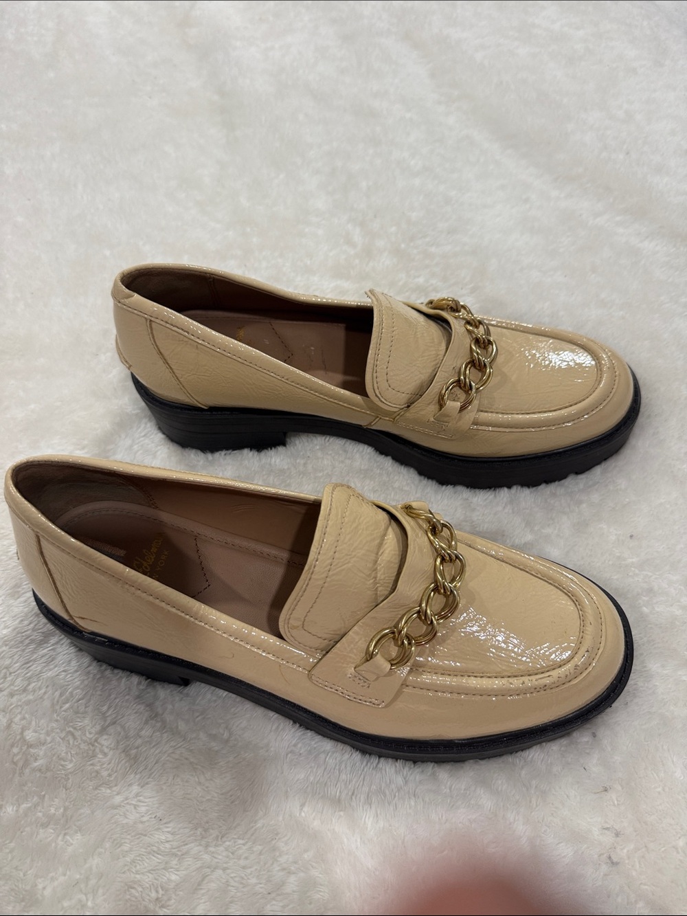 Sam Edelman Beige Patent Loafers with Gold Chain